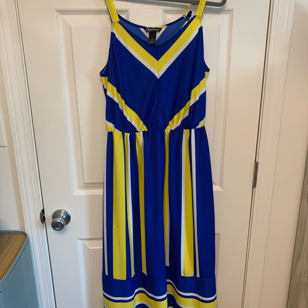 Vibrant Blue and Yellow Midi Sundress with V-Neck. Large